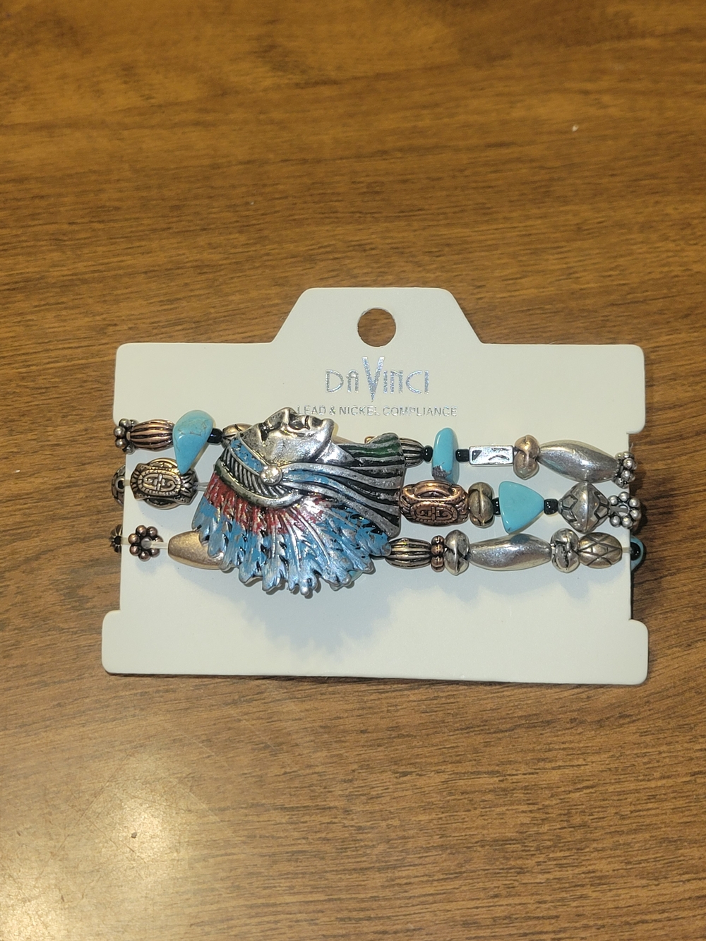 451- DaVinci Indian Turquoise Color Silver Feather Multi-Strand Stretch Bracelet